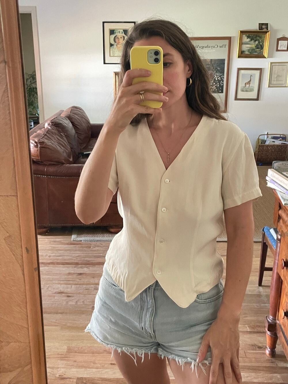 Cream Silk V Neck Button Front Blouse